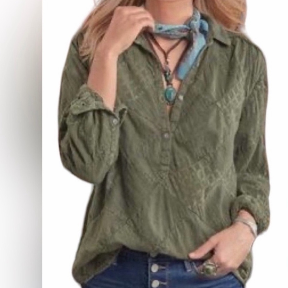 SUNDANCE Simply Shannon Patchwork Popover Top in Army Green-NWT Size PL